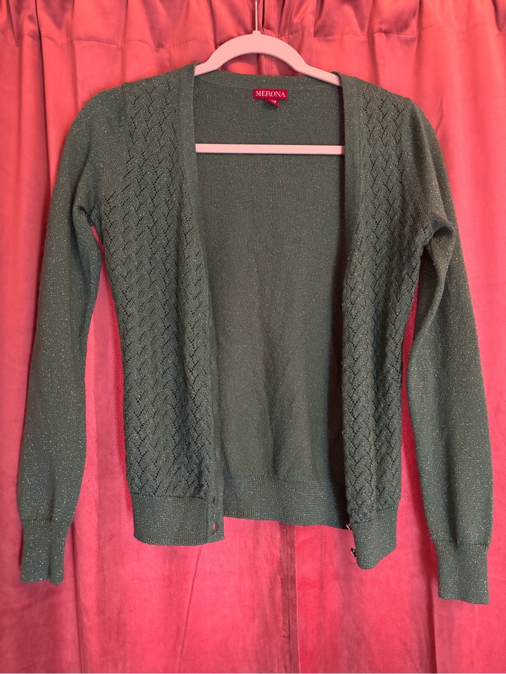 Merona Olive Green Open-Front Cardigan with Metallic Thread